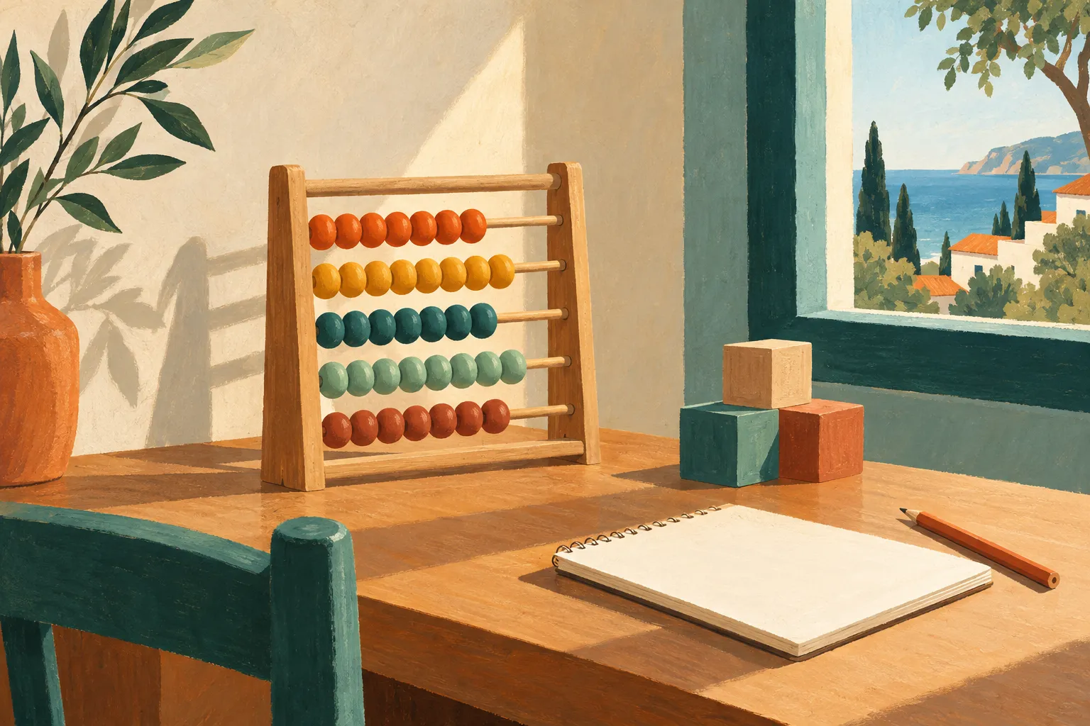 Ilustración: un ábaco y unos bloques de madera en una mesa junto a la ventana
