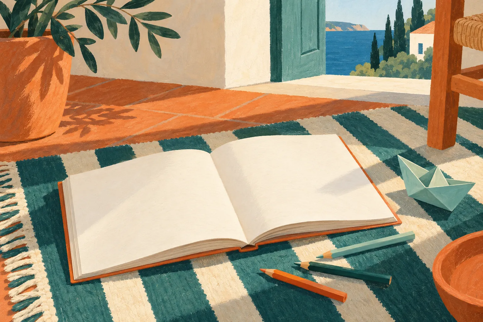 Ilustración: un libro infantil abierto sobre una alfombra de rayas, con lápices y un barco de papel